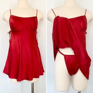 Y2K Victoria’s Secret Silk Red Milkmaid Chemise Slip Dress Thong Panty 2pc Set 🔥